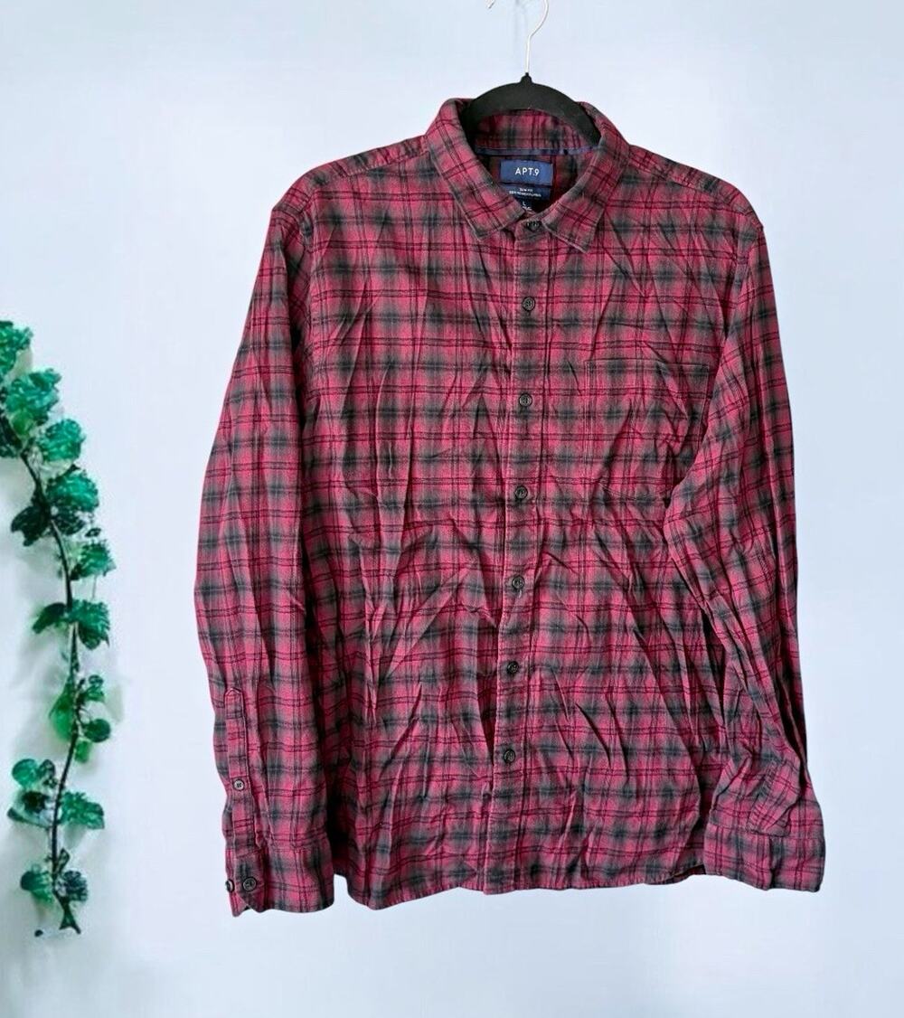 Apt. 9 Men's Slim Fit Flannel Plaid Button-Up Shirt Red/Black Long Sleeve L